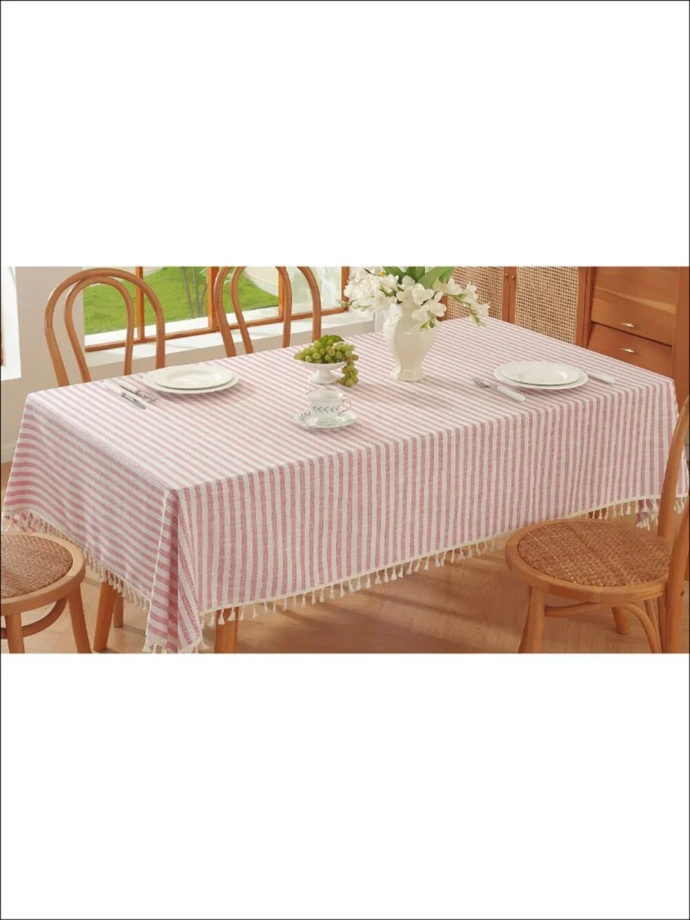 Rectangular Cloth Tablecloth Striped Boho Tassel Dining Table Cover 55x86